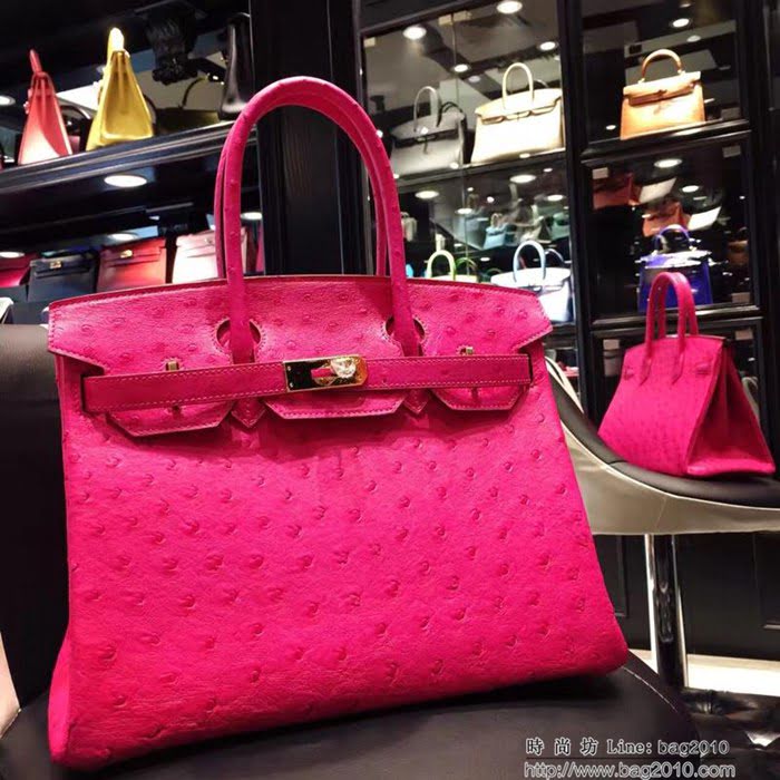 HERMES愛馬仕 鉑金包 Birkin 30 南非原產KK級鴕鳥皮 頂級工藝 玫紅 手縫蠟線 手提包  Ama1240